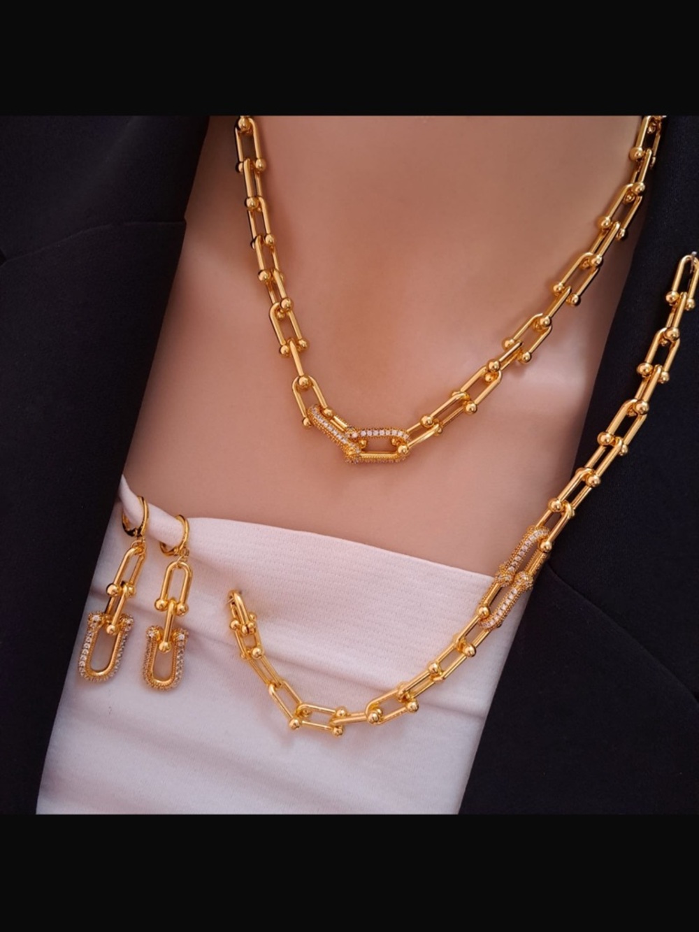 Gold Link Cable Necklace and Earring Set - Shiny Gold Finish